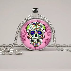 Pink Colorful Sugar Skull Silver & Glass Necklace